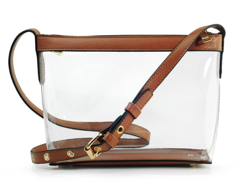 Hoxis Clear Zipper Cross Body Bag with Vegan Leather Trim (Brown) Small - Image 1